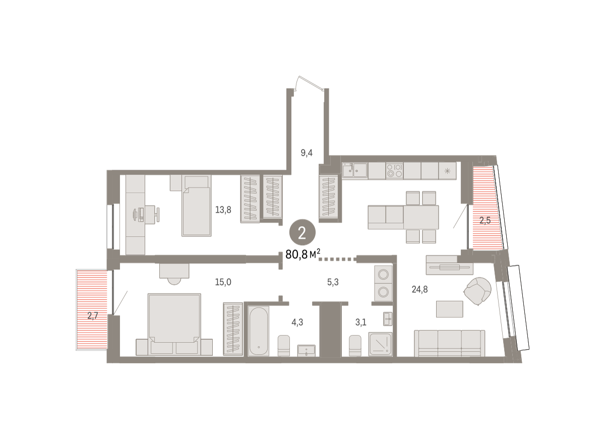 2-комнатная 80 м2 в ЖК Речной порт корпус null этаж 7