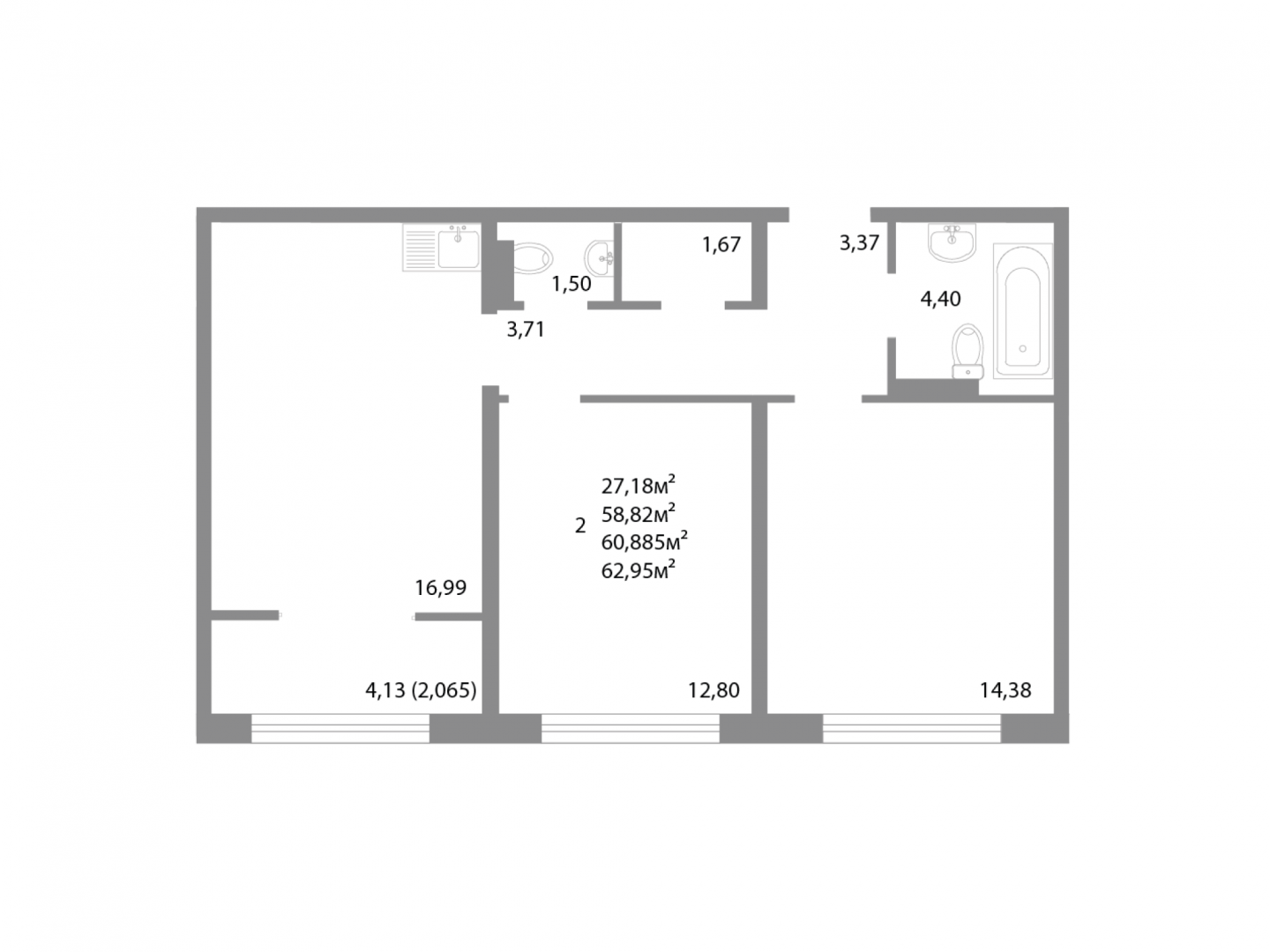 2-комнатная 60.9 м2 в ЖК undefined корпус null этаж 6