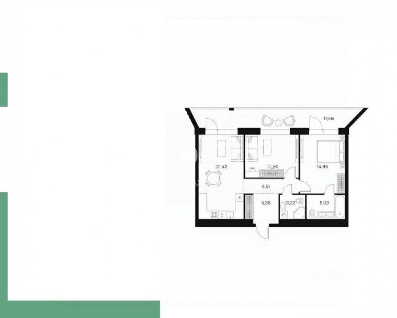 2-комнатная 66.8 м2 в ЖК undefined корпус null этаж 3