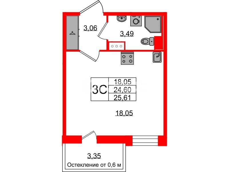 Студия 24 м2 в ЖК Астра Континенталь корпус null этаж 3