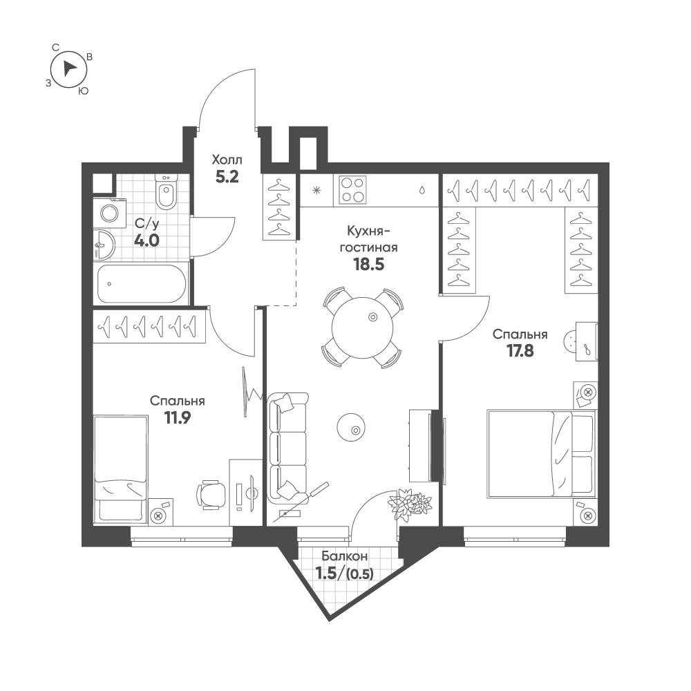 2-комнатная 57 м2 в ЖК Sokolinn Park корпус null этаж 5