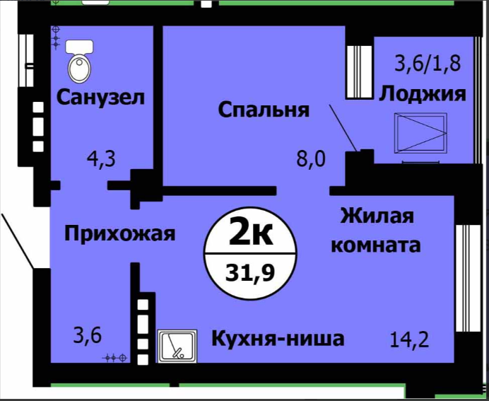 2-комнатная 31.9 м2 в ЖК undefined корпус null этаж 2