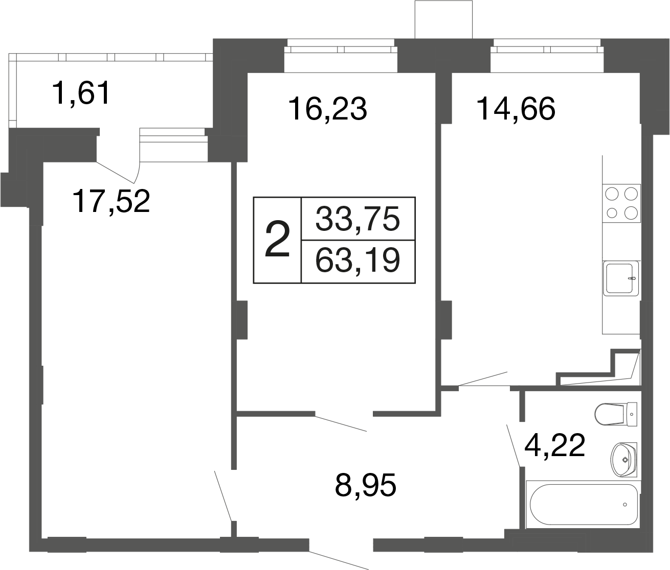 2-комнатная 63 м2 в ЖК Времена года корпус null этаж 1