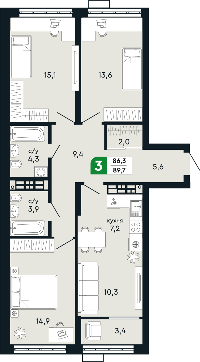 3-комнатная 89 м2 в ЖК Green Park корпус null этаж 9