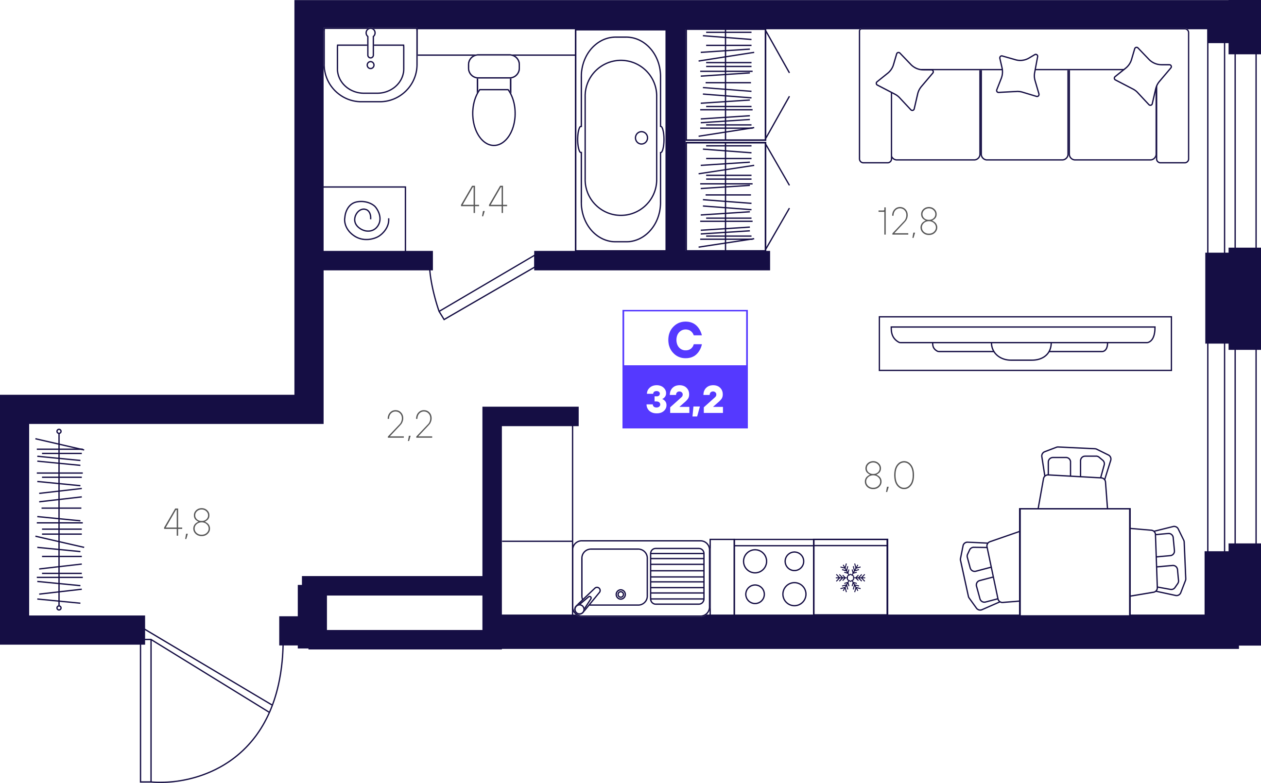 1-комнатная 32 м2 в ЖК Отличие корпус null этаж 1