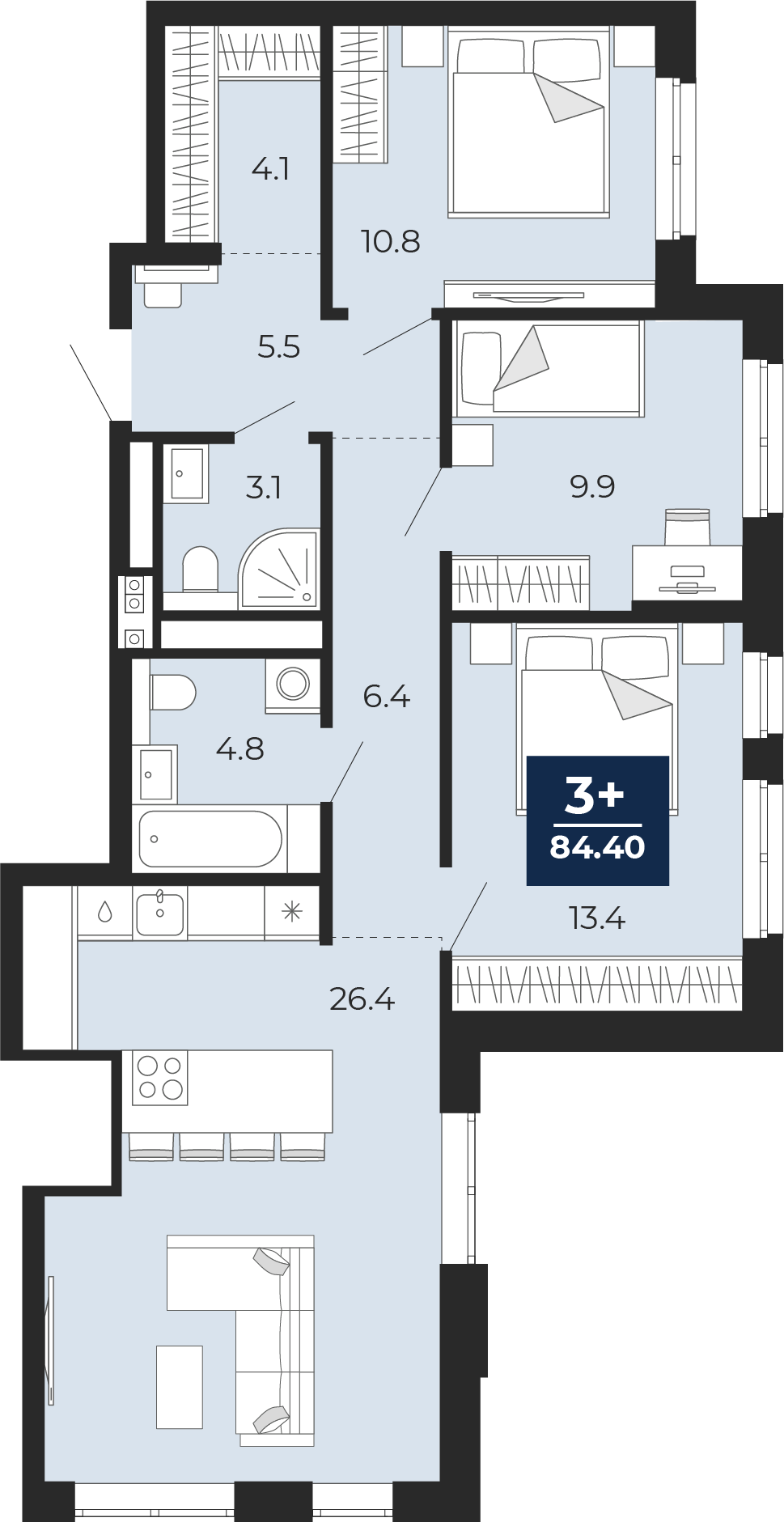 3-комнатная 84 м2 в ЖК Мириады корпус null этаж 12
