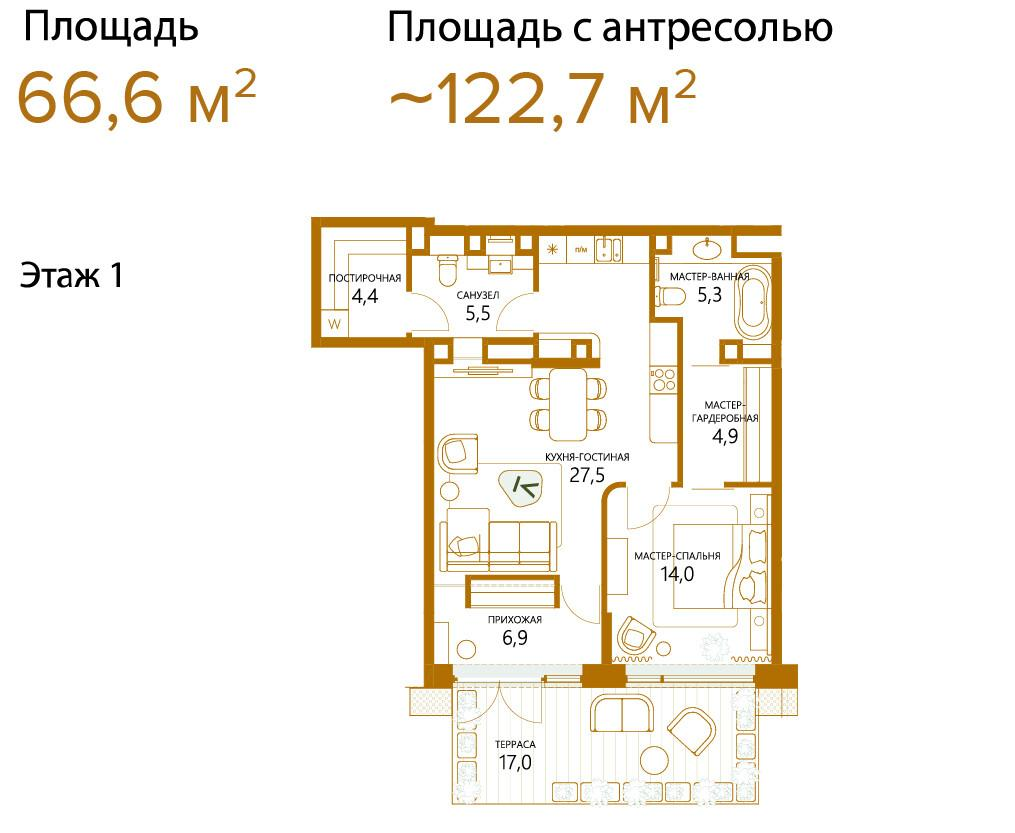 1-комнатная 66 м2 в ЖК Champine корпус null этаж 1