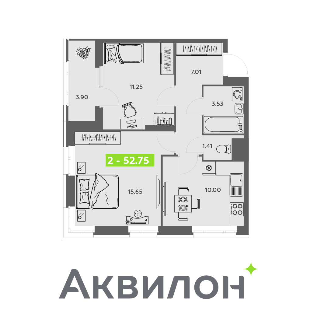 2-комнатная 52 м2 в ЖК Аквилон АКВАРТАЛ корпус null этаж 6