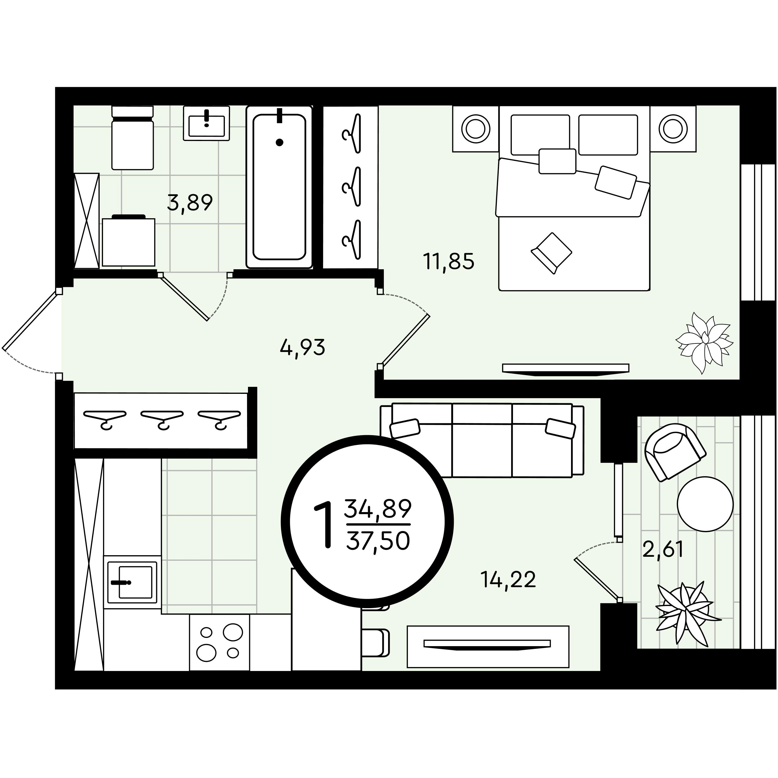 1-комнатная 37 м2 в ЖК Зеленые Аллеи корпус null этаж 1