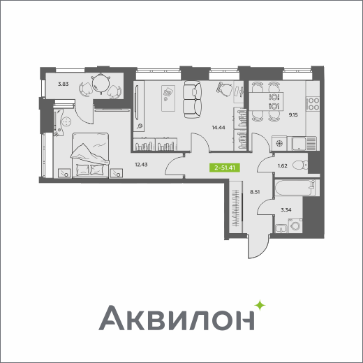 2-комнатная 51 м2 в ЖК Аквилон АКВАРТАЛ корпус null этаж 10