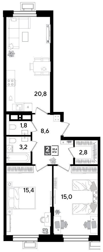 2-комнатная 66 м2 в ЖК Парк Победы 2 корпус null этаж 10