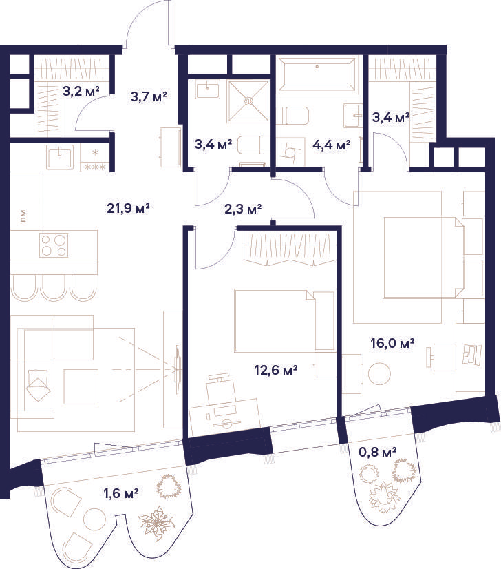 2-комнатная 73 м2 в ЖК Союз корпус null этаж 9