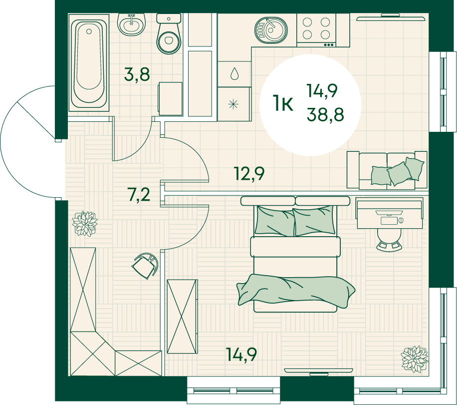 1-комнатная 38 м2 в ЖК Green Apple корпус null этаж 13