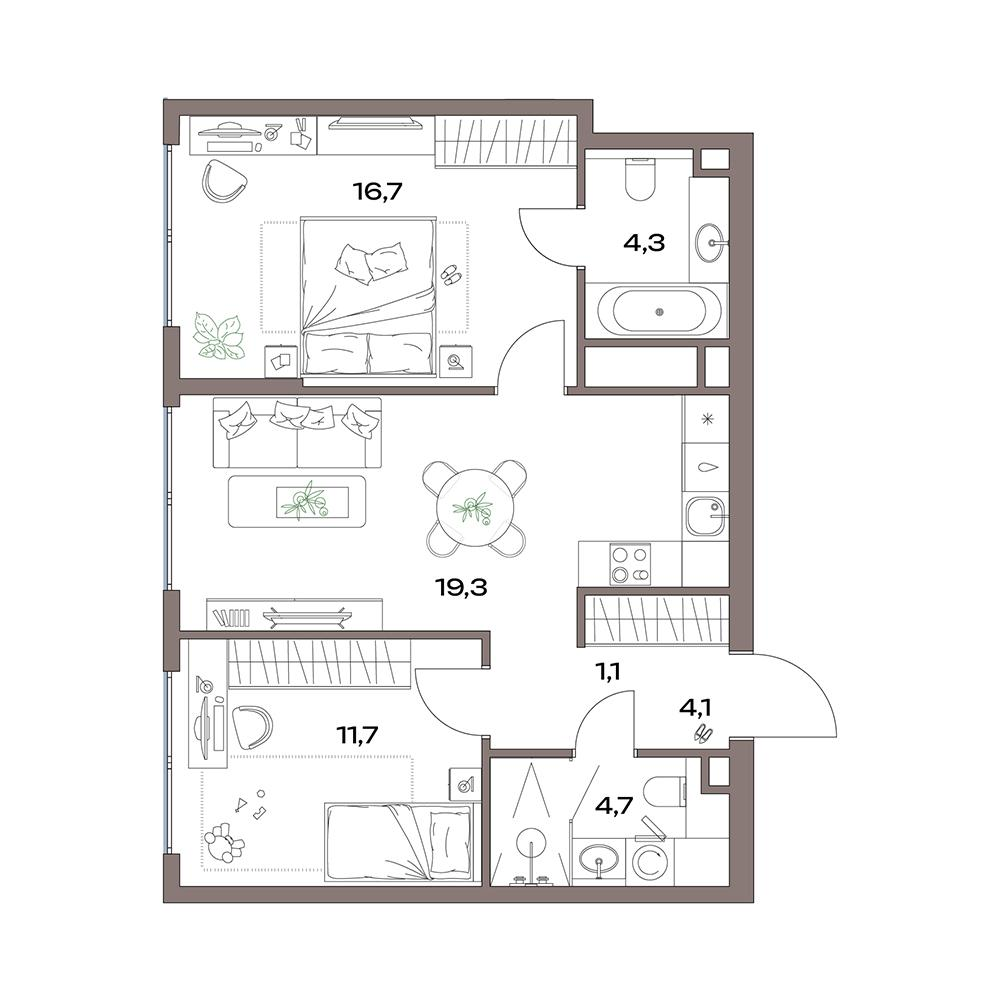 3-комнатная 61 м2 в ЖК Акценты корпус null этаж 9