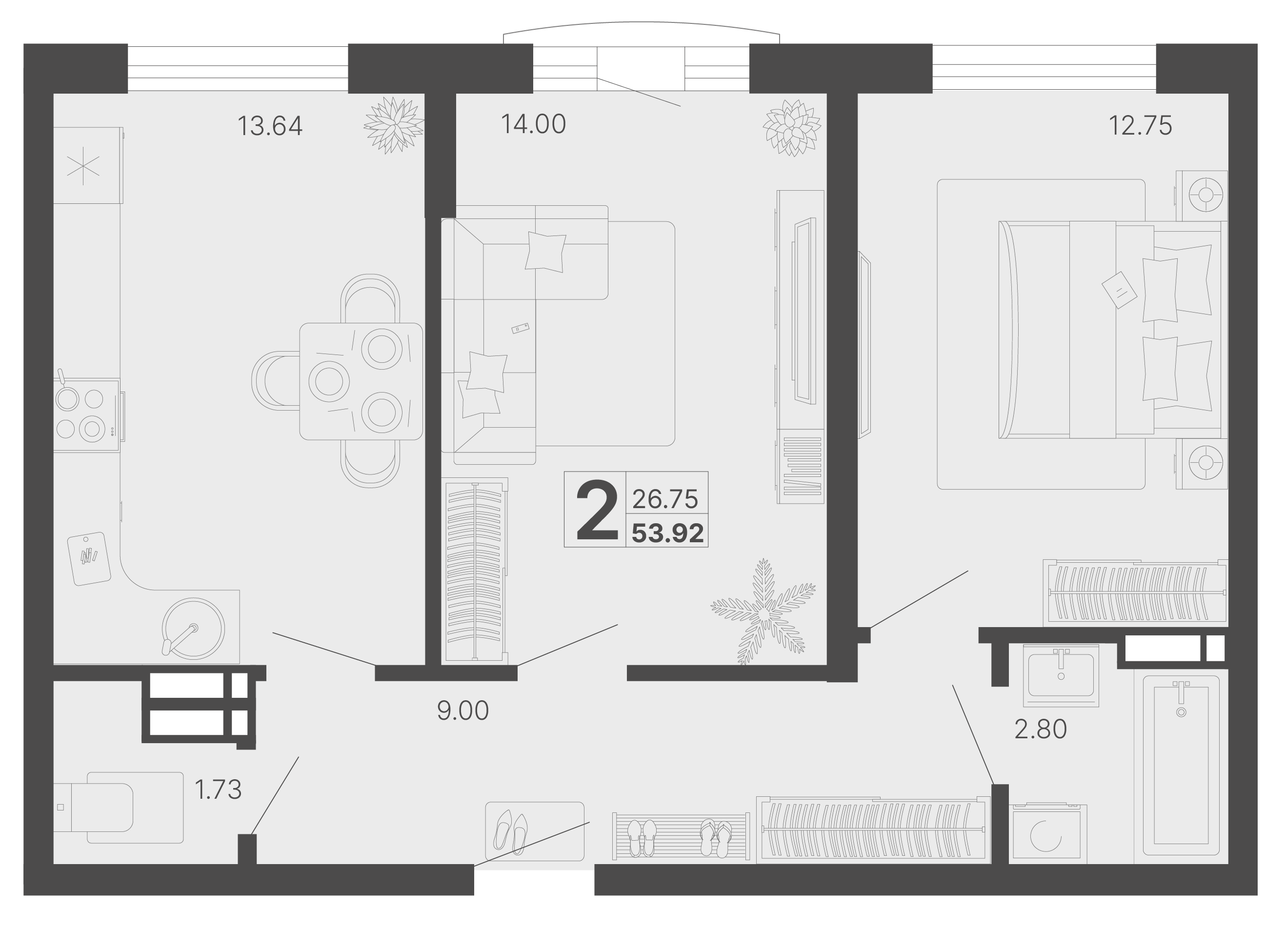 2-комнатная 53 м2 в ЖК Светский лес корпус null этаж 10