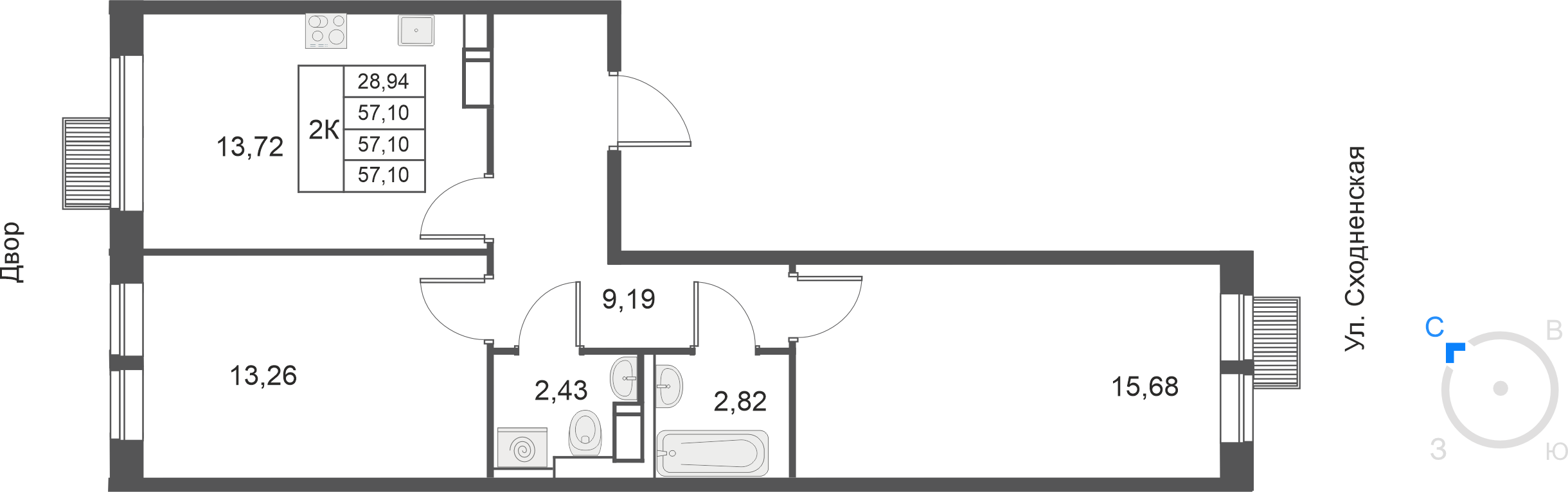 2-комнатная 57 м2 в ЖК Большое Путилково (УРАЛСИБ) корпус null этаж 10