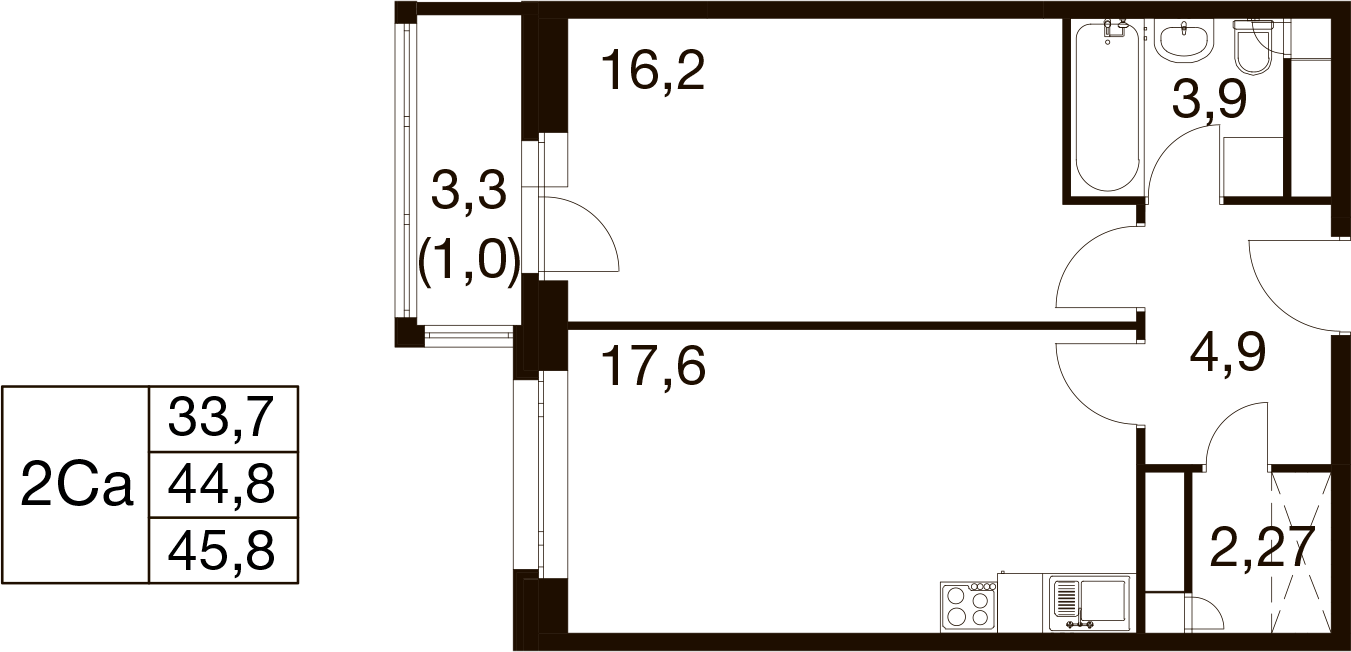 1-комнатная 44 м2 в ЖК Идеал корпус null этаж 12