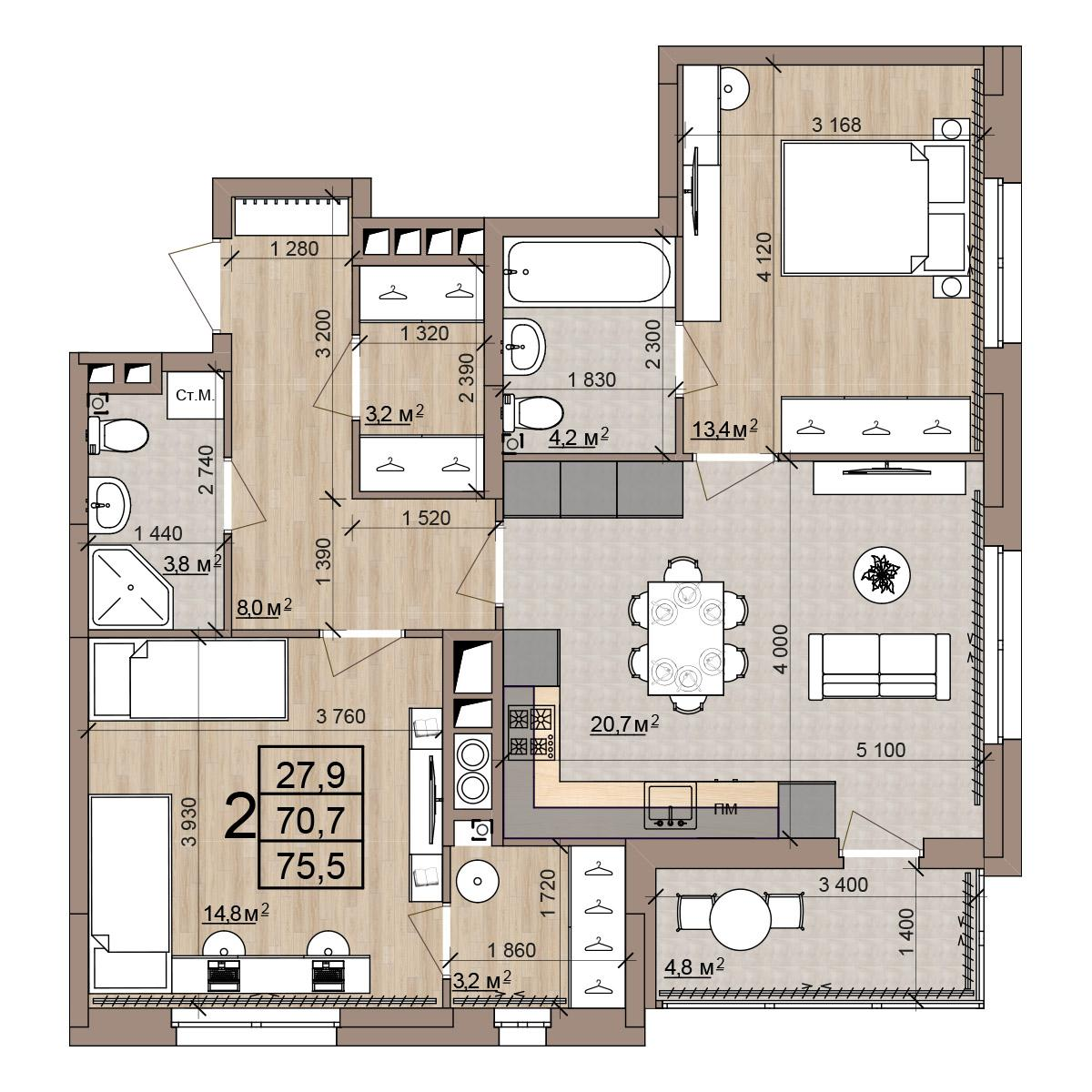 2-комнатная 75 м2 в ЖК Окская стрелка корпус null этаж 8