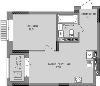 1-комнатная 42 м2 в ЖК Город-парк корпус null этаж 9