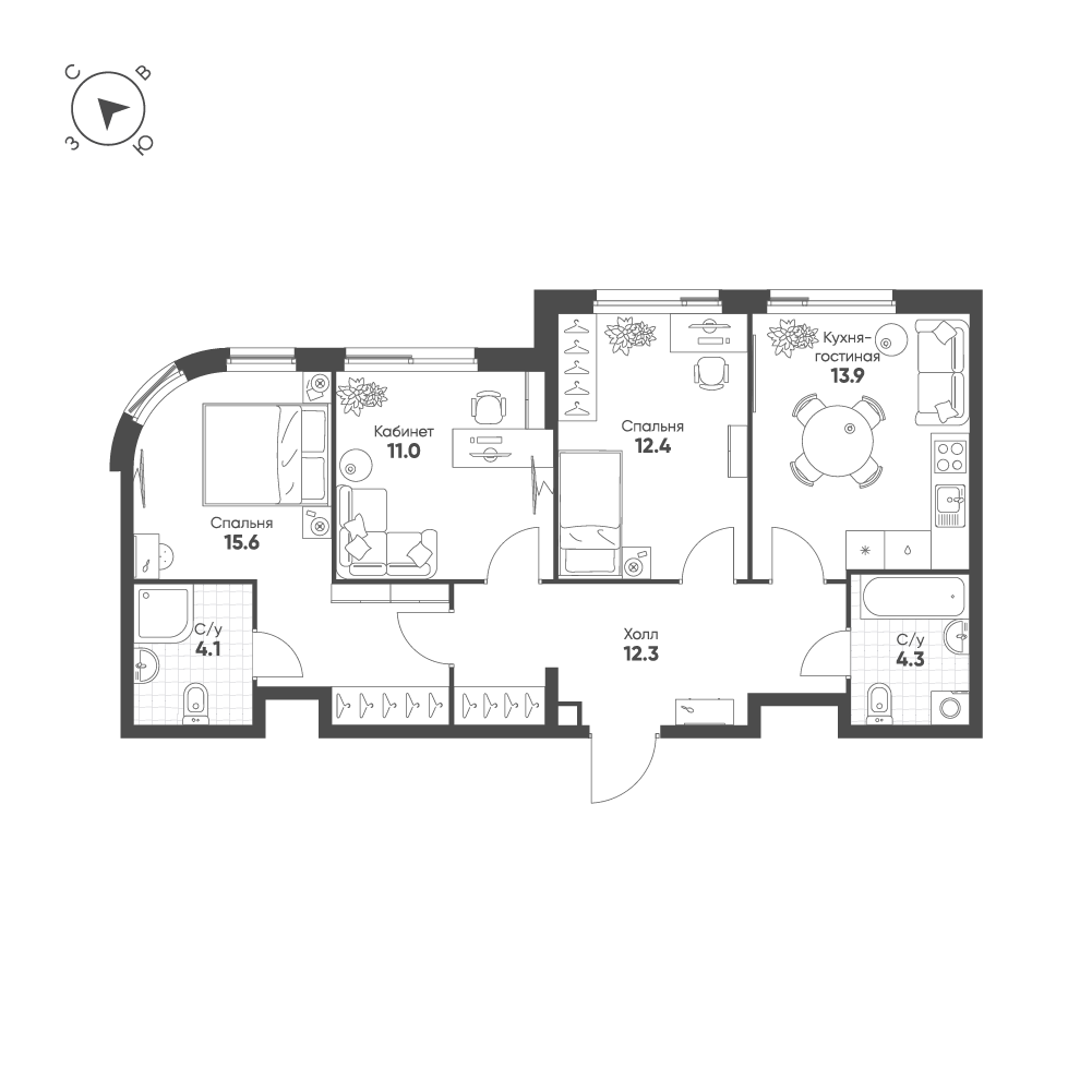 3-комнатная 73 м2 в ЖК Shagal корпус null этаж 4