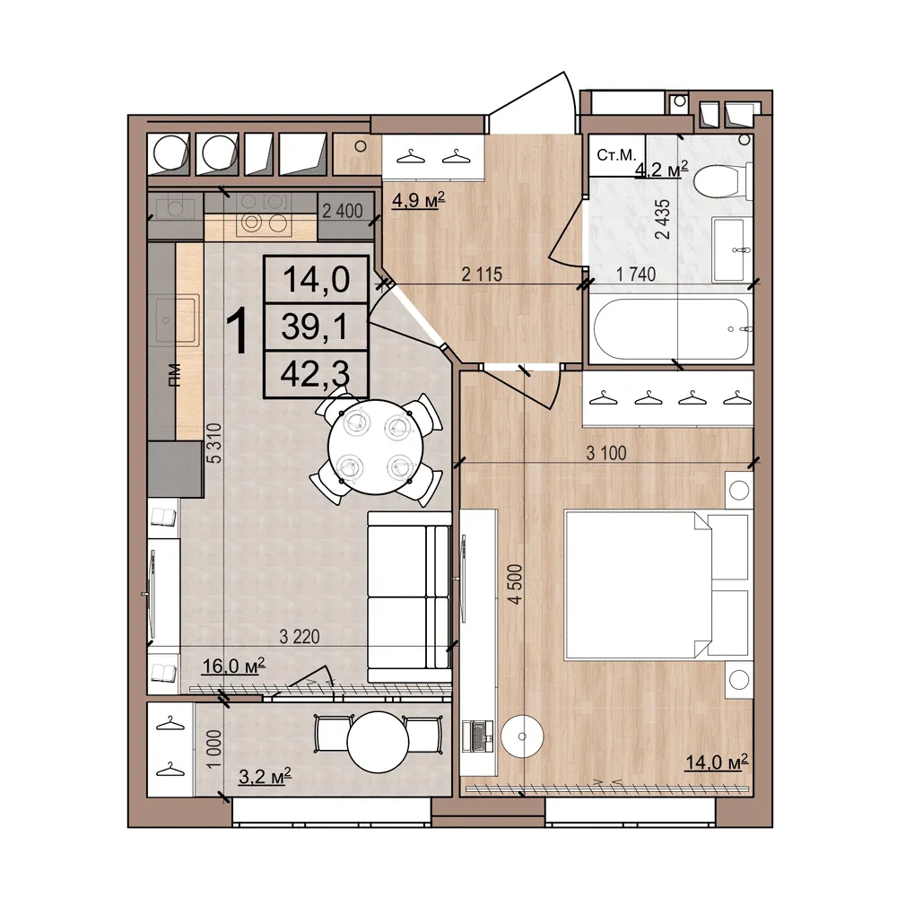 1-комнатная 42 м2 в ЖК Skyline-2 корпус null этаж 8
