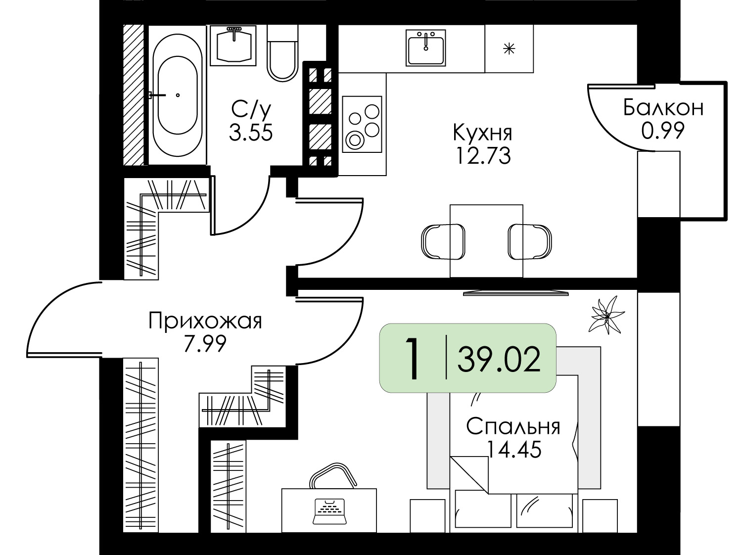 1-комнатная 39 м2 в ЖК Урбан Парк корпус null этаж 4