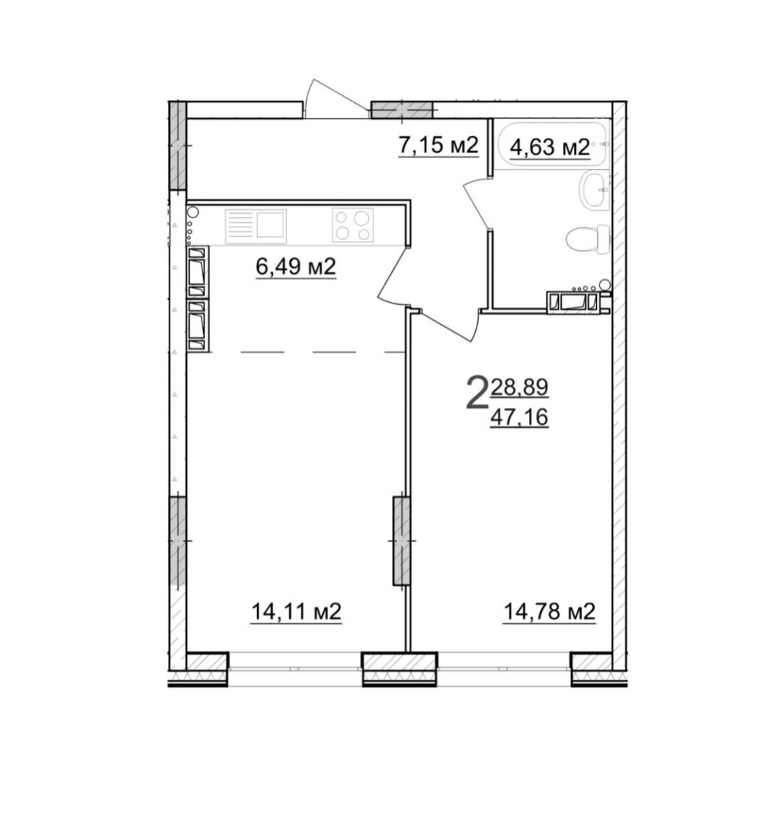 2-комнатная 47 м2 в ЖК undefined корпус null этаж 23