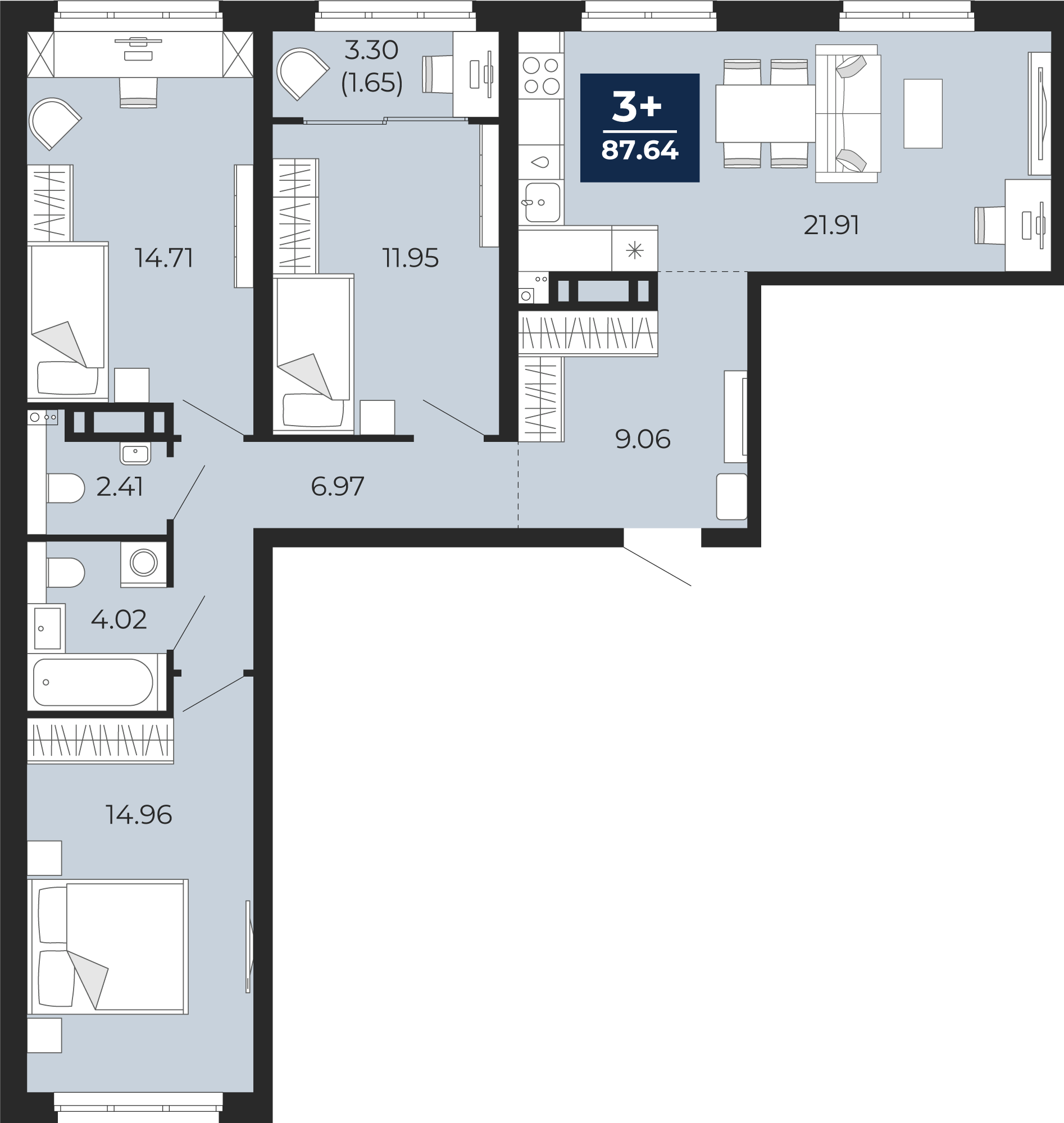 3-комнатная 85 м2 в ЖК Беринг корпус null этаж 4