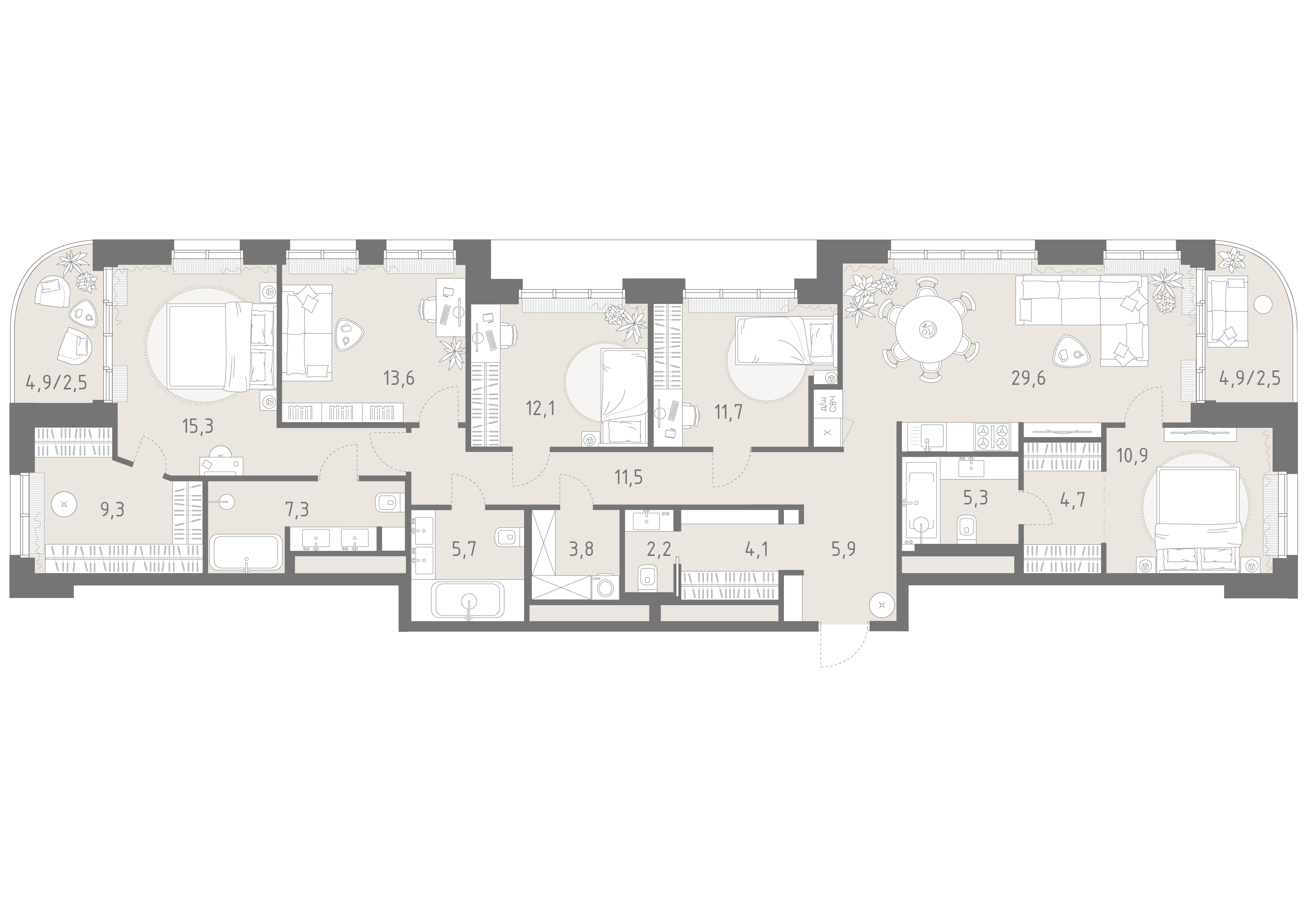 5-комнатная 158 м2 в ЖК Родина парк корпус null этаж 13
