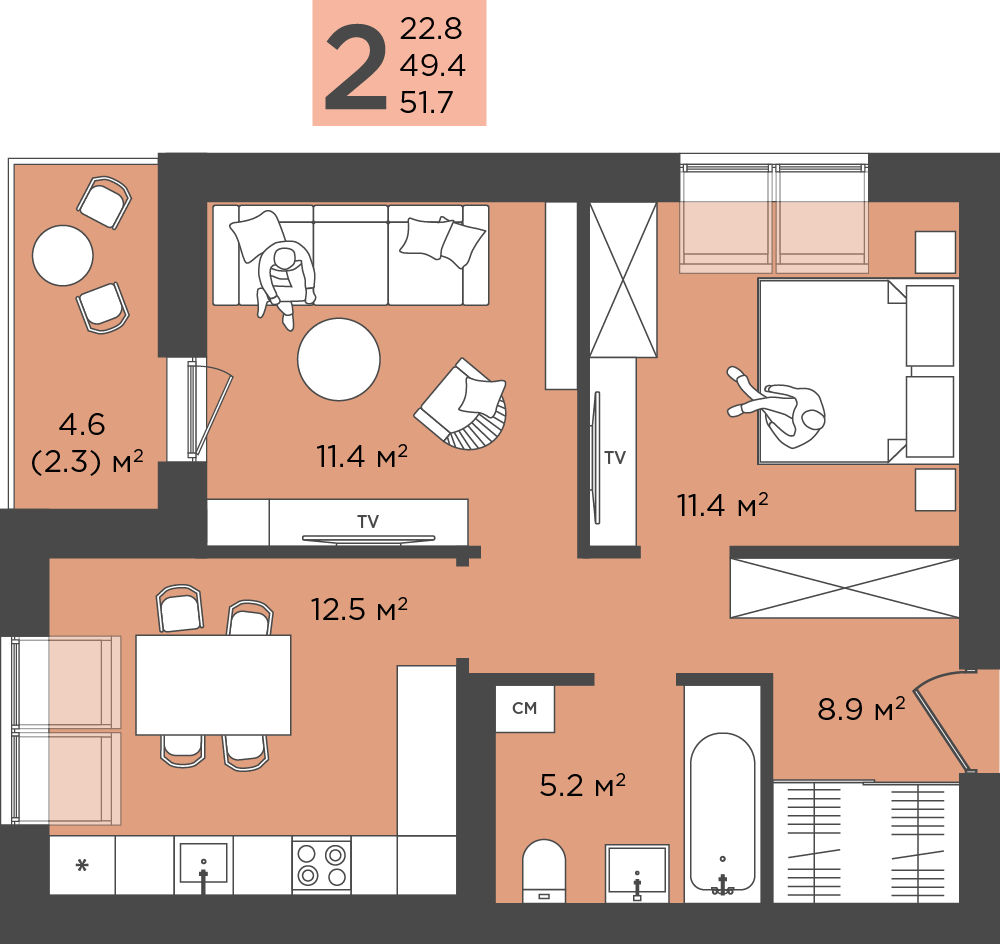2-комнатная 51 м2 в ЖК Пальмбург корпус null этаж 4
