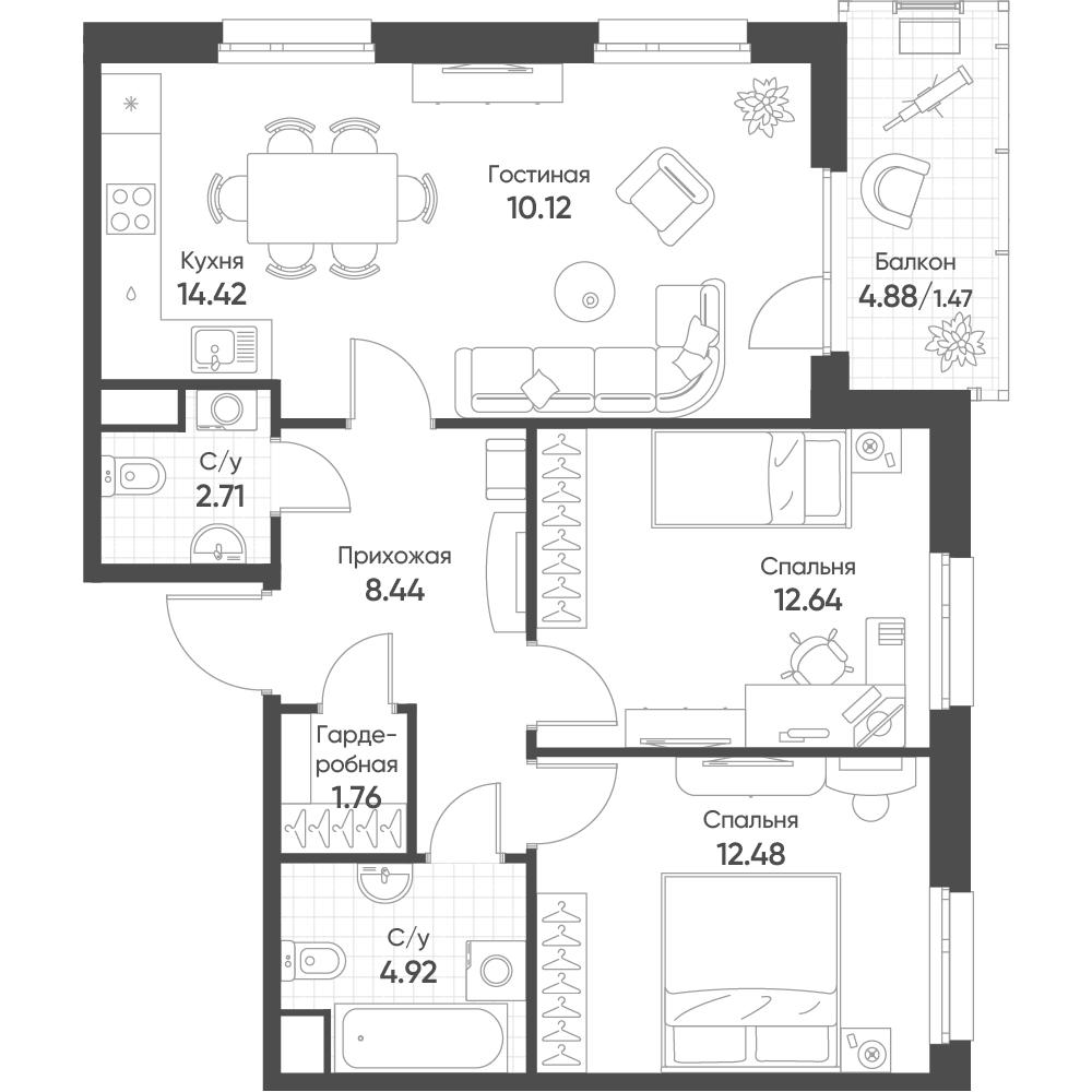 3-комнатная 68 м2 в ЖК Счастье в Казани корпус null этаж 14
