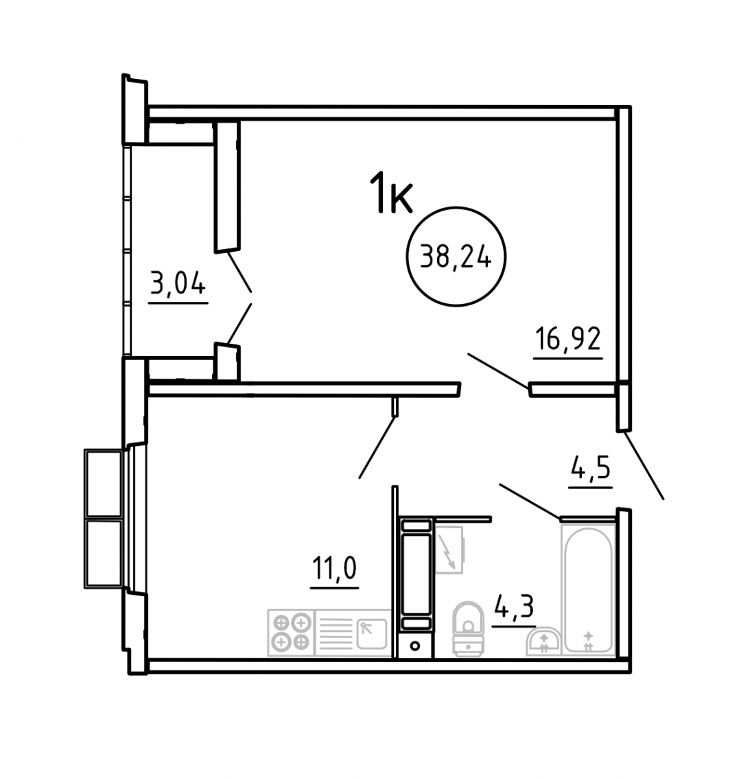 1-комнатная 38.2 м2 в ЖК undefined корпус null этаж 3