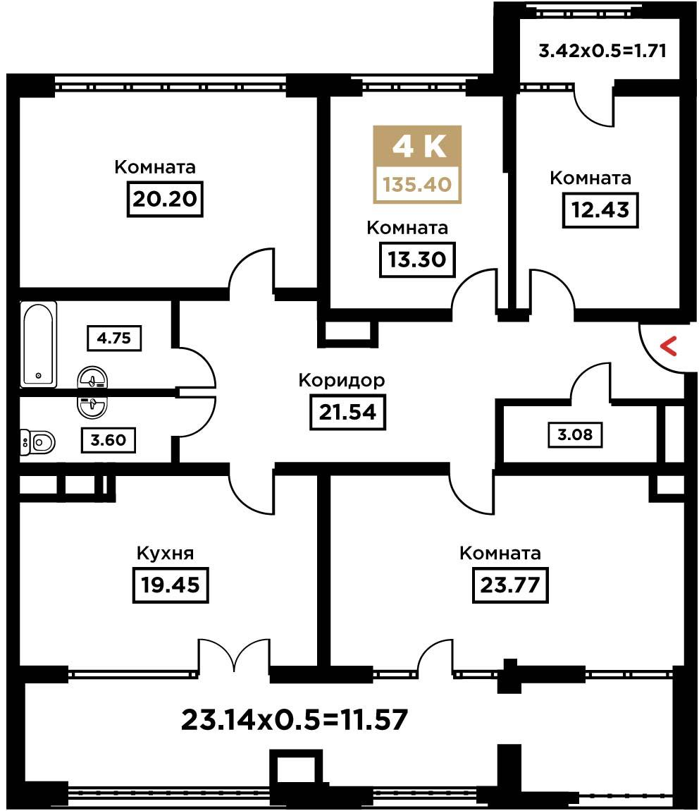 4-комнатная 135 м2 в ЖК Сердце корпус null этаж 9