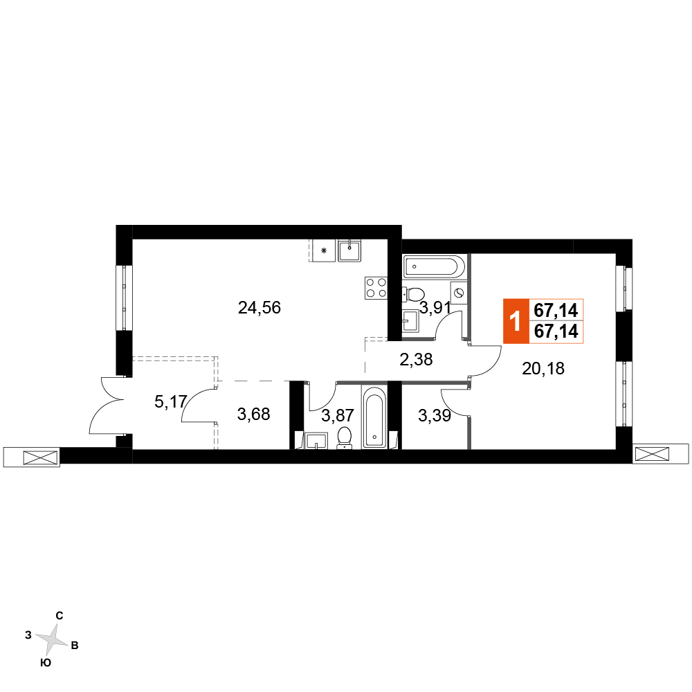 1-комнатная 67 м2 в ЖК Жаворонки Клаб корпус null этаж 1