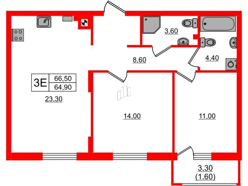 2-комнатная 66 м2 в ЖК River Park-2 корпус null этаж 1