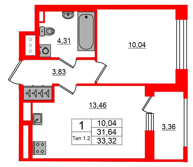 1-комнатная 31 м2 в ЖК Setl Ривьера корпус null этаж 11