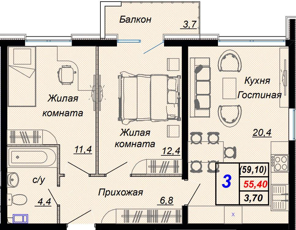 3-комнатная 59 м2 в ЖК undefined корпус null этаж 14