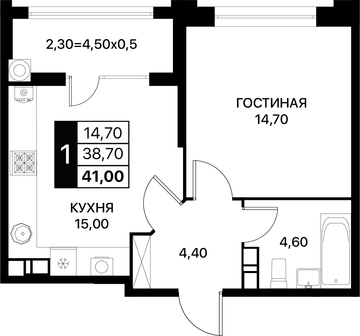 1-комнатная 41 м2 в ЖК Сияние корпус null этаж 3