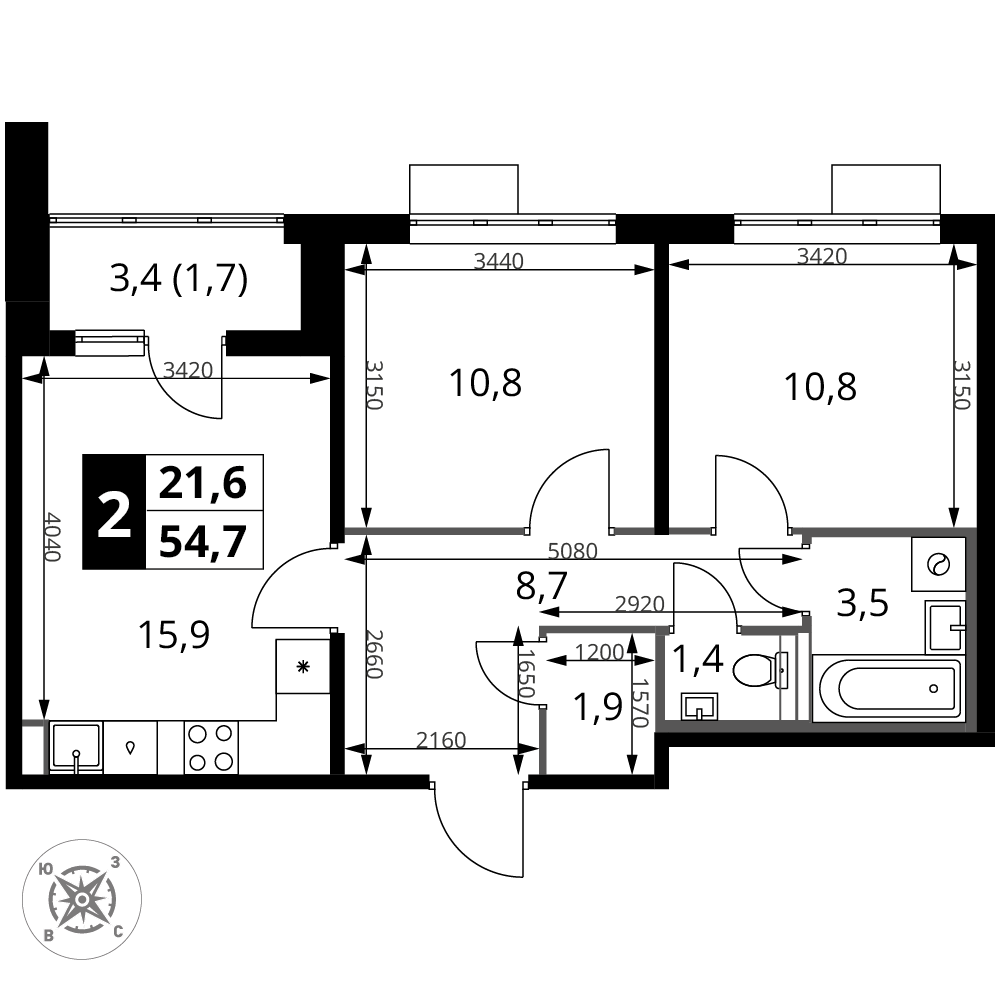 2-комнатная 54 м2 в ЖК 1-й Шереметьевский корпус null этаж 12