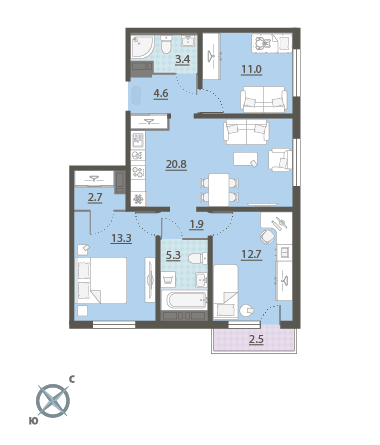 3-комнатная 77.2 м2 в ЖК undefined корпус null этаж 10