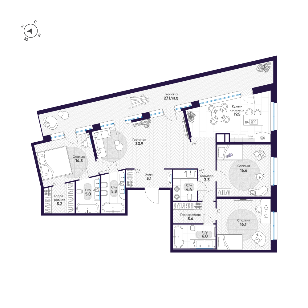 4-комнатная 145 м2 в ЖК ЛДМ корпус null этаж 8