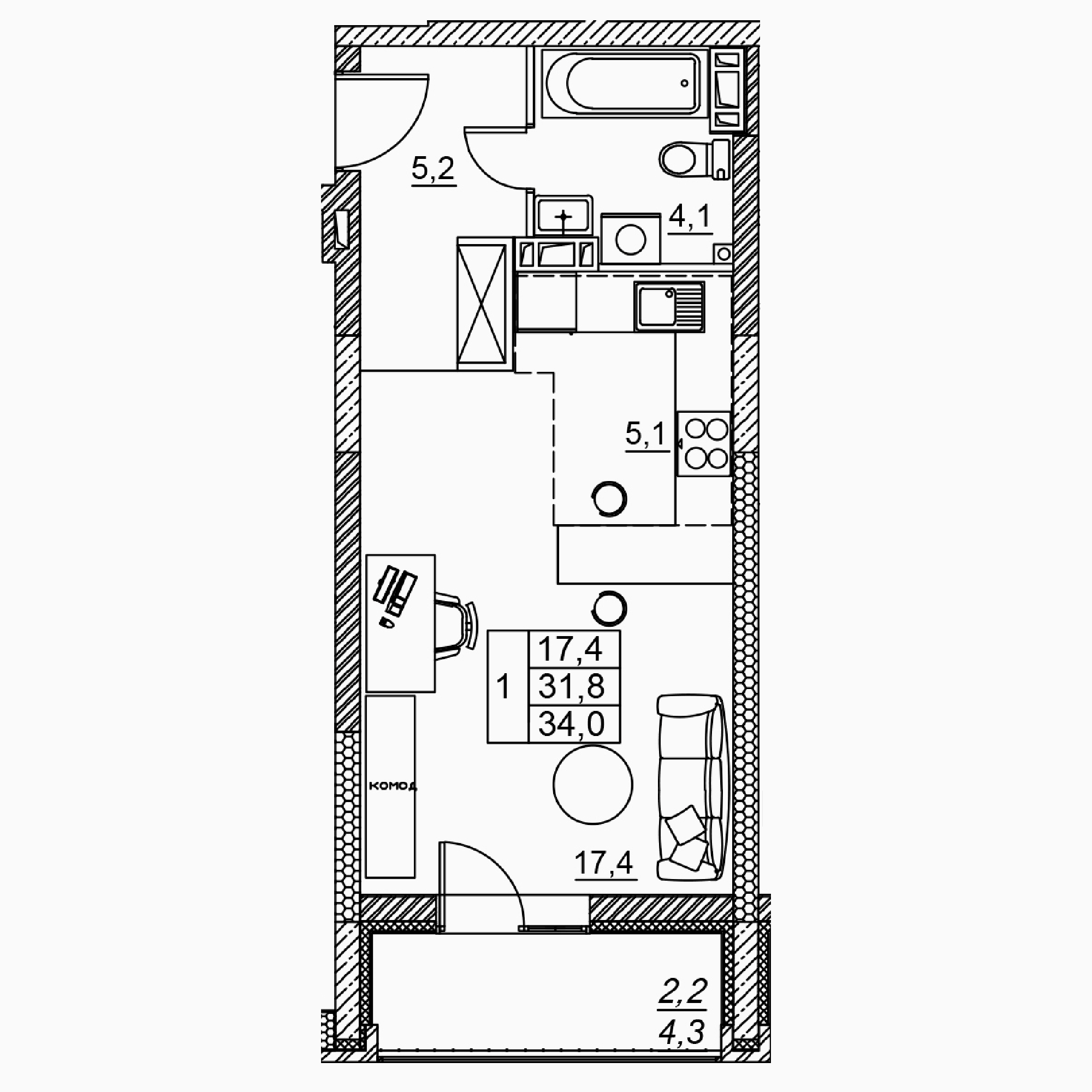 1-комнатная 34 м2 в ЖК Засекин корпус null этаж 12