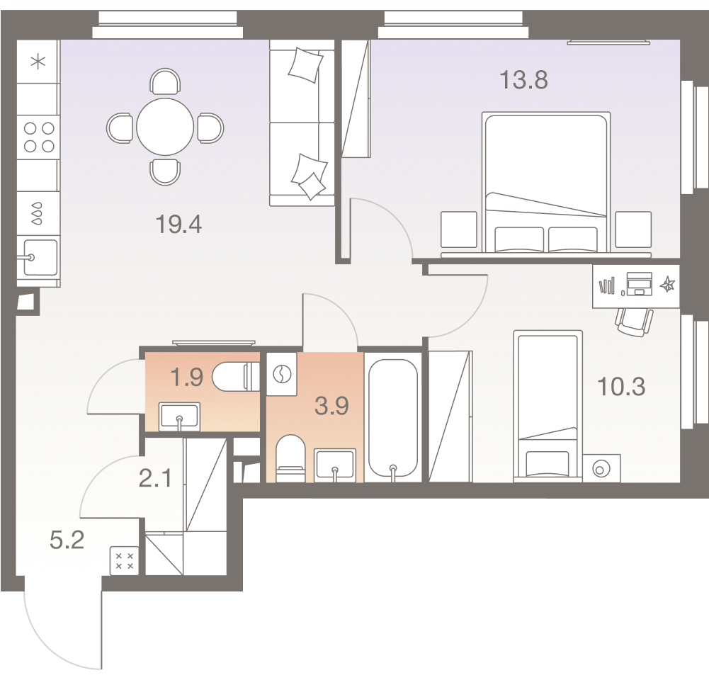 3-комнатная 57 м2 в ЖК Twelve корпус null этаж 26