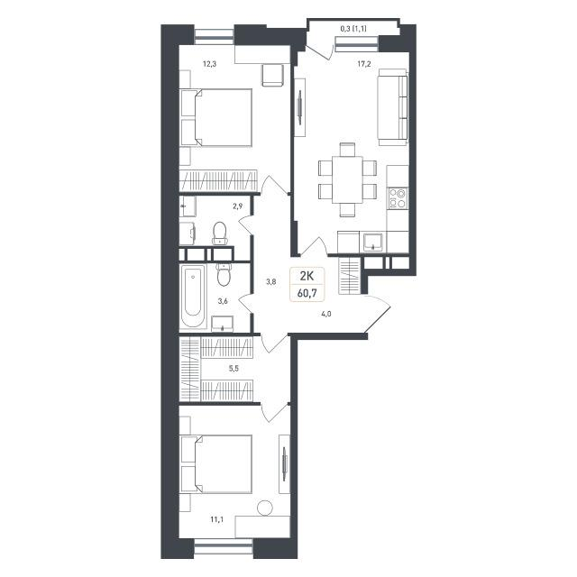 2-комнатная 62 м2 в ЖК Новая Щербинка корпус null этаж 8