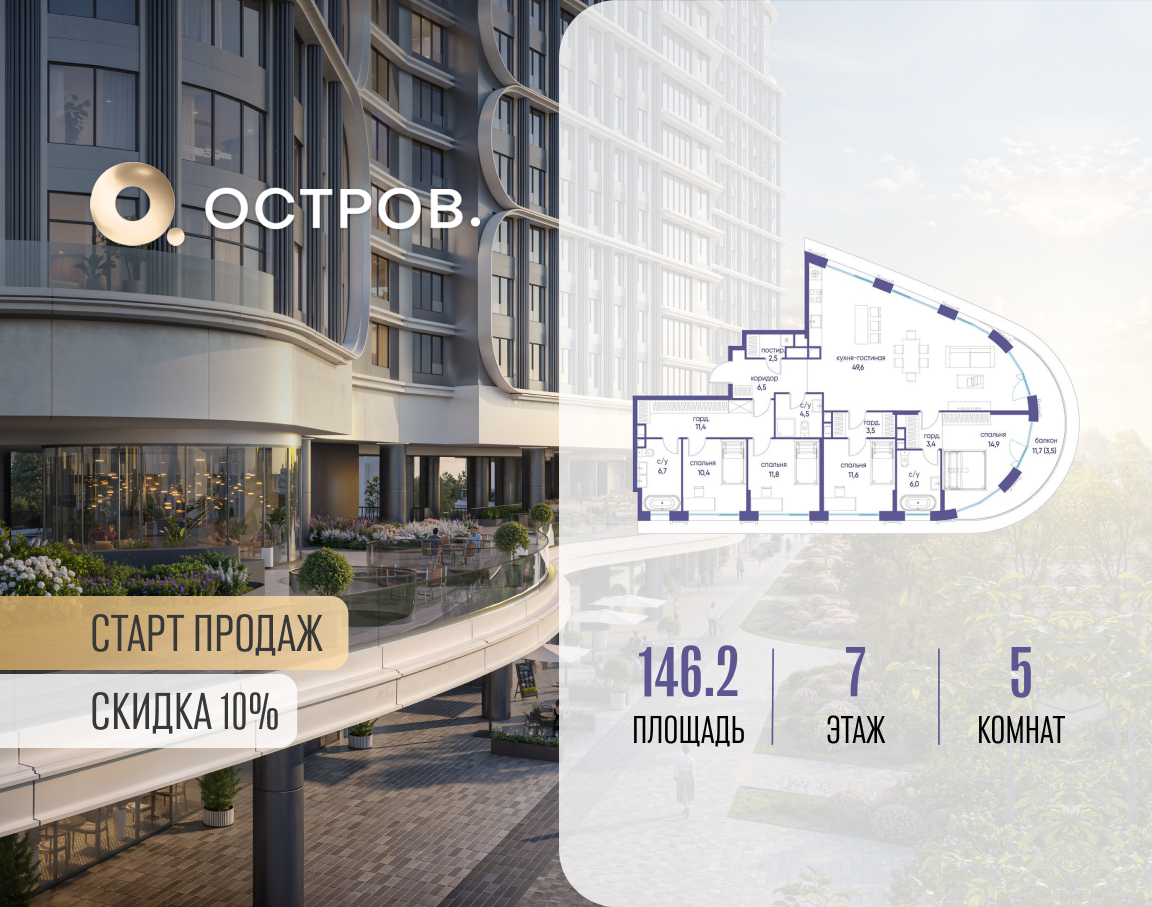 5-комнатная 146 м2 в ЖК Остров корпус null этаж 7