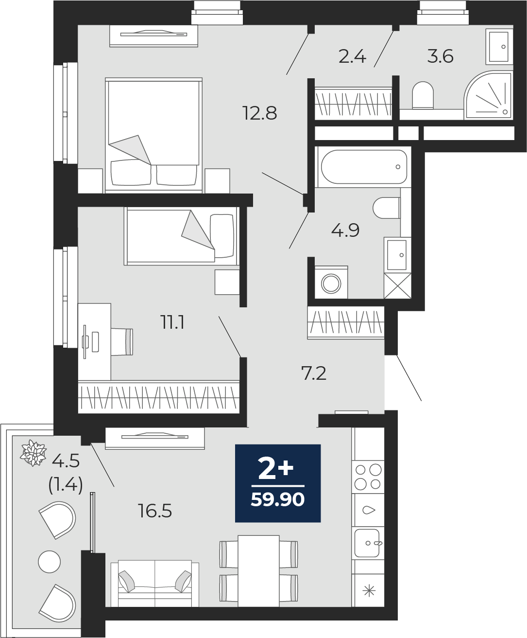 2-комнатная 58 м2 в ЖК Мириады корпус null этаж 12