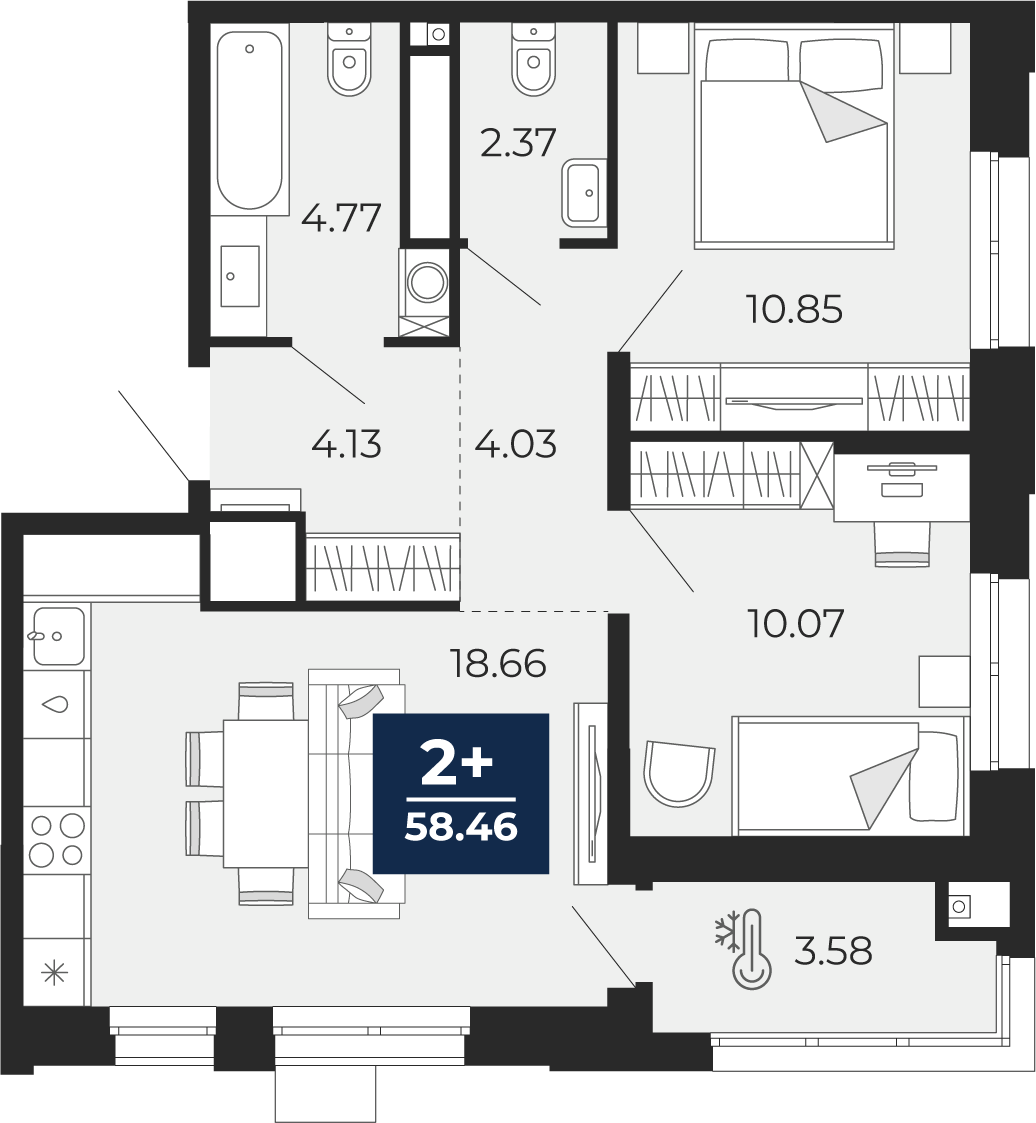 2-комнатная 54 м2 в ЖК Мириады корпус null этаж 9