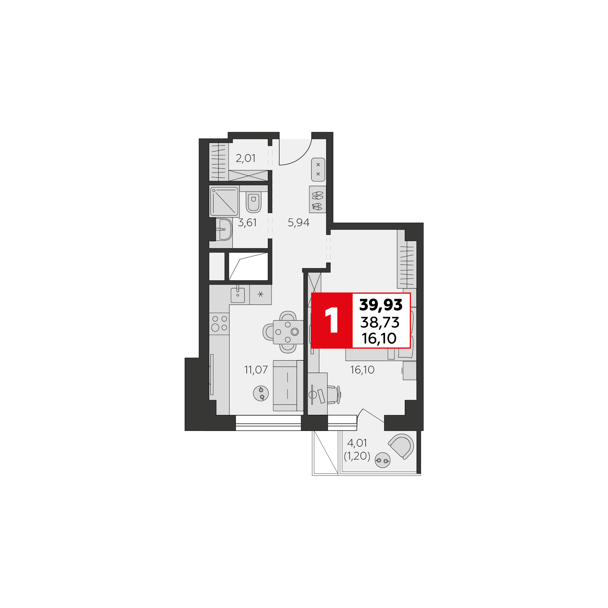 1-комнатная 39 м2 в ЖК Высотка корпус null этаж 17