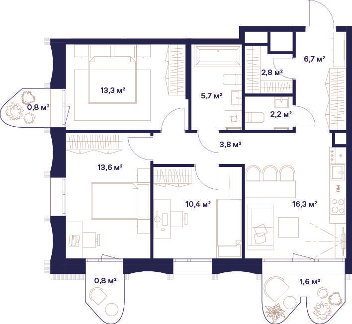 3-комнатная 77 м2 в ЖК Союз корпус null этаж 13