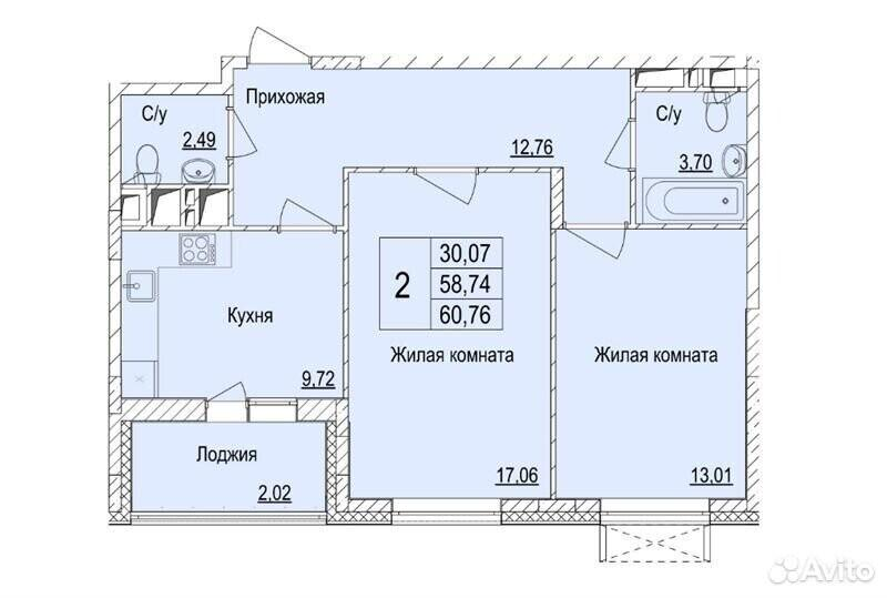 2-комнатная 61 м2 в ЖК undefined корпус null этаж 4